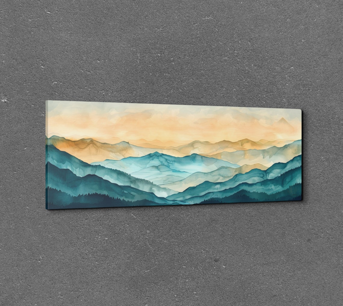 Misty Blue Mountains Watercolor Soft Sunrise Peaks Panoramic Wall Art - Image 3