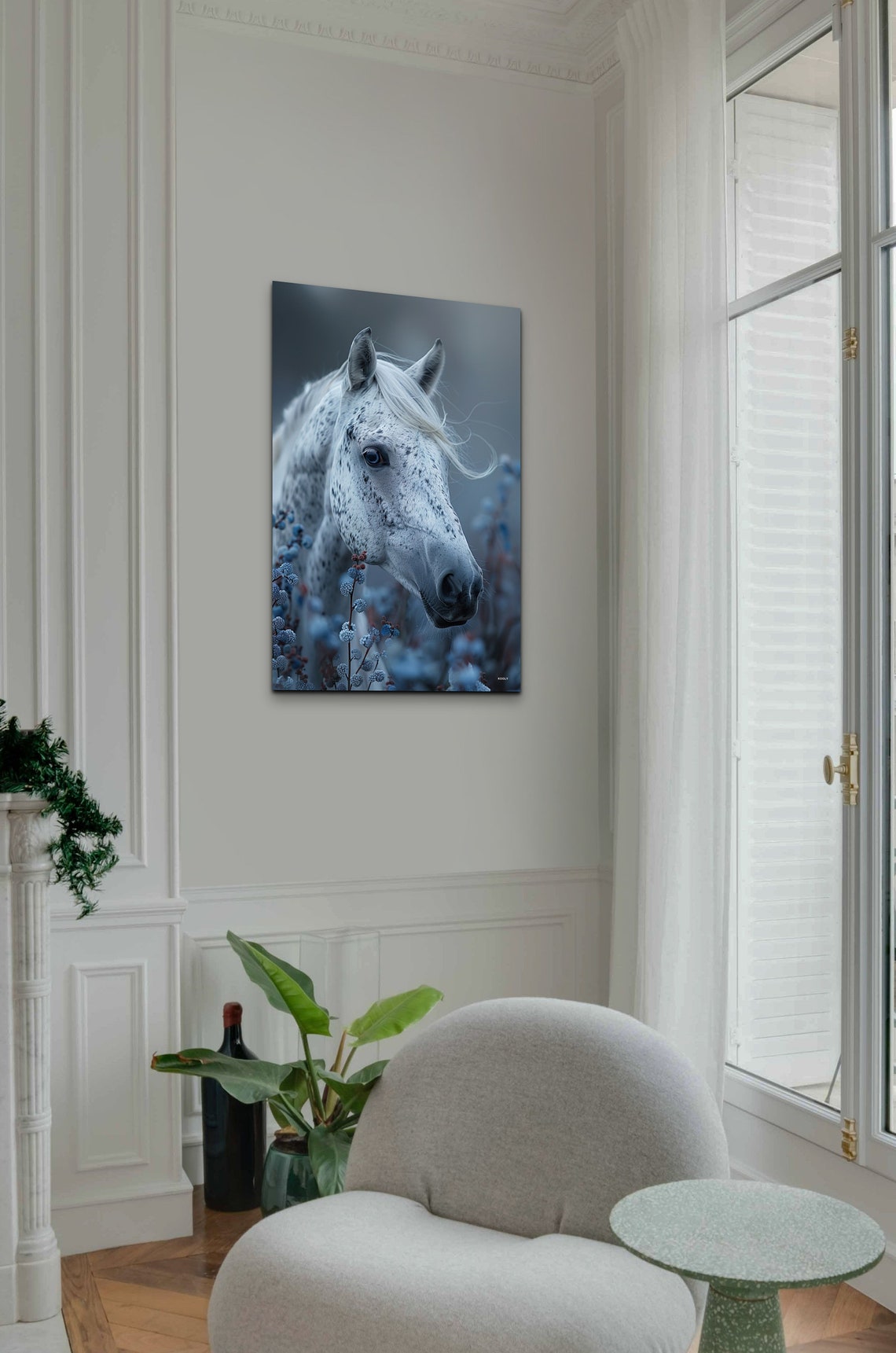 White Horse Portrait Misty Blue Wildflowers Equine Decor Wall Art - Image 5