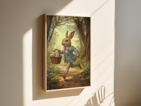 Dapper Rabbit in Blue Suit Carrying Easter Egg Basket on Trail Poster
