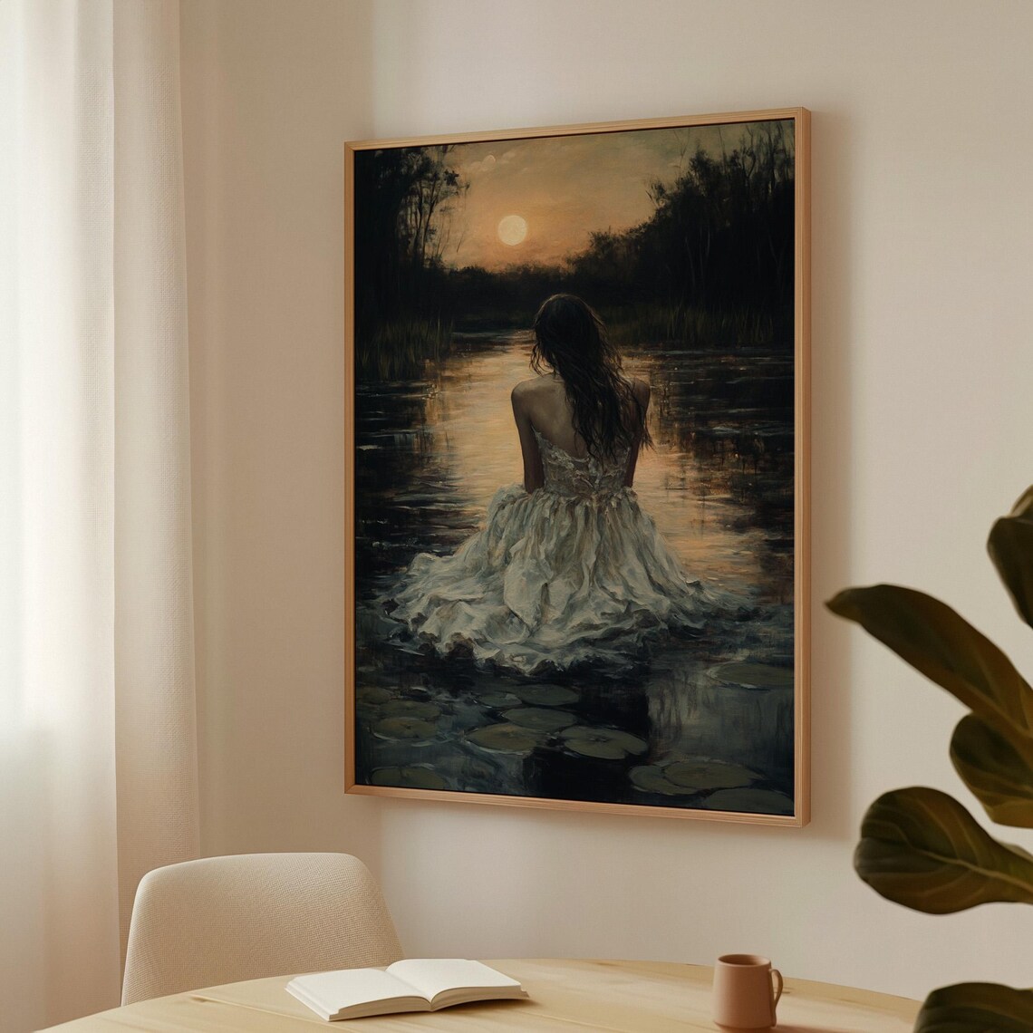 Ethereal Woman by Moonlit Lake, Vintage Art Print