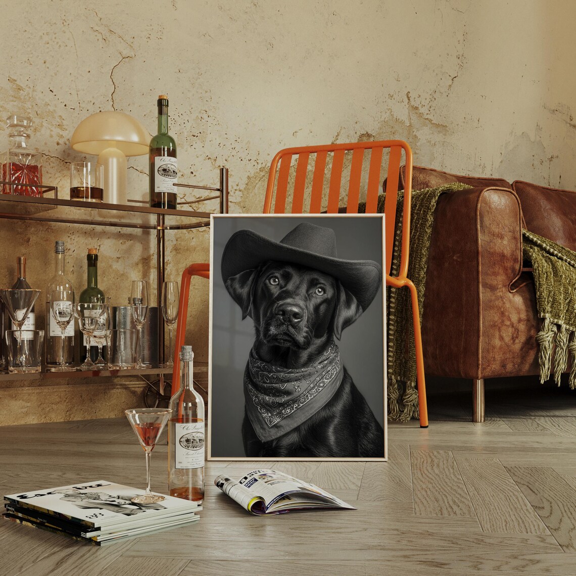 Black Lab Dog in Cowboy Hat and Bandana Western Pet Photo Poster