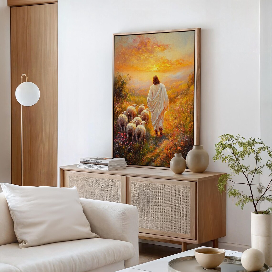 Jesus Leading His Flock Through a Wildflower Meadow at Golden Sunset Poster - Image 5