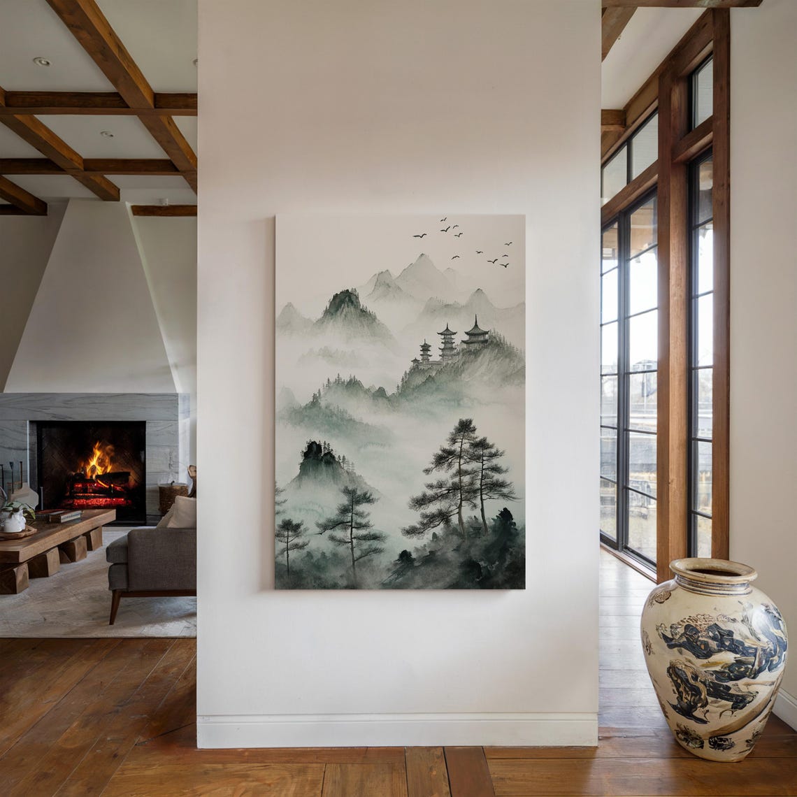 Misty Mountain Pagodas Chinese Ink Wash Zen Landscape Poster - Image 5