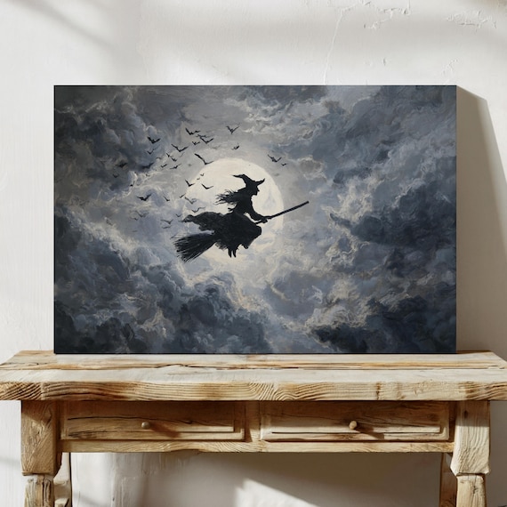 Witch Flying Past Stormy Full Moon With Bats Halloween Poster
