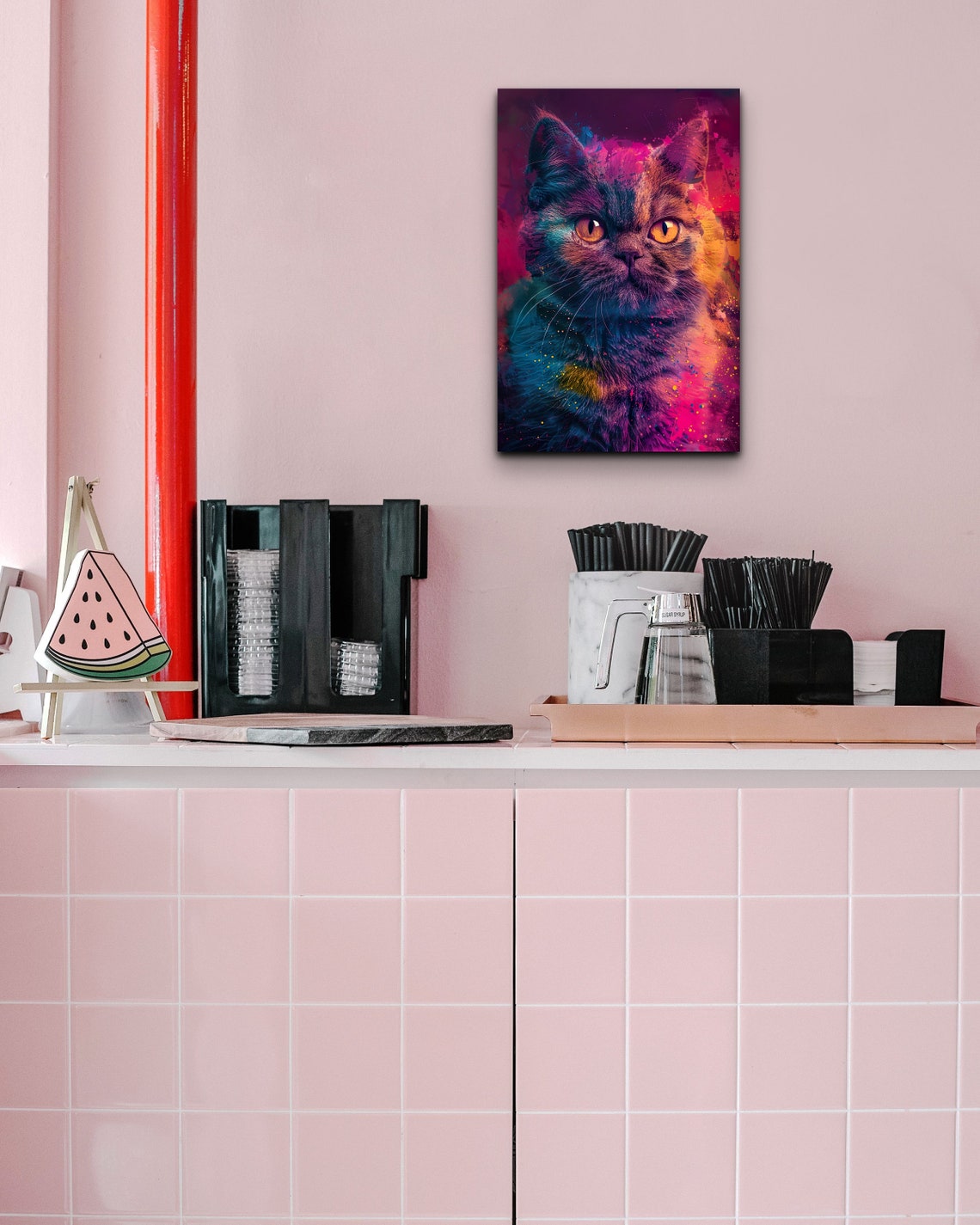 Cat Portrait with Neon Magenta and Orange Paint Splashes Wall Art - Image 6