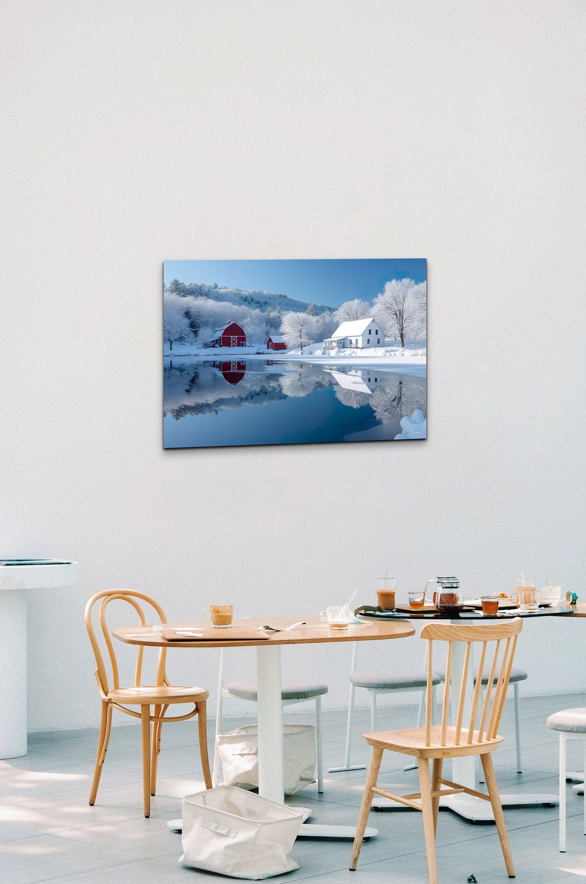 Red Barns White Farmhouse Winter Reflection Snowy Lake Poster - Image 3