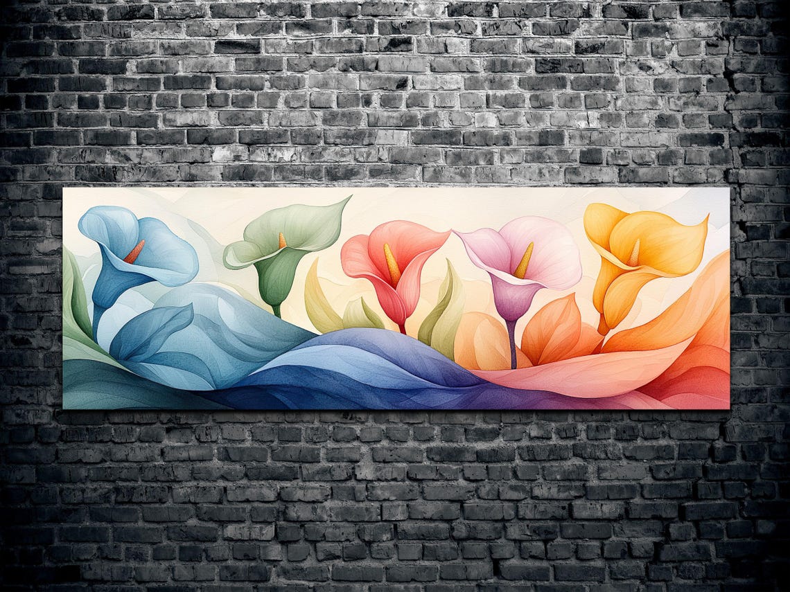 Pastel Watercolor Calla Lilies Blooming Flowers Panoramic Poster - Image 2