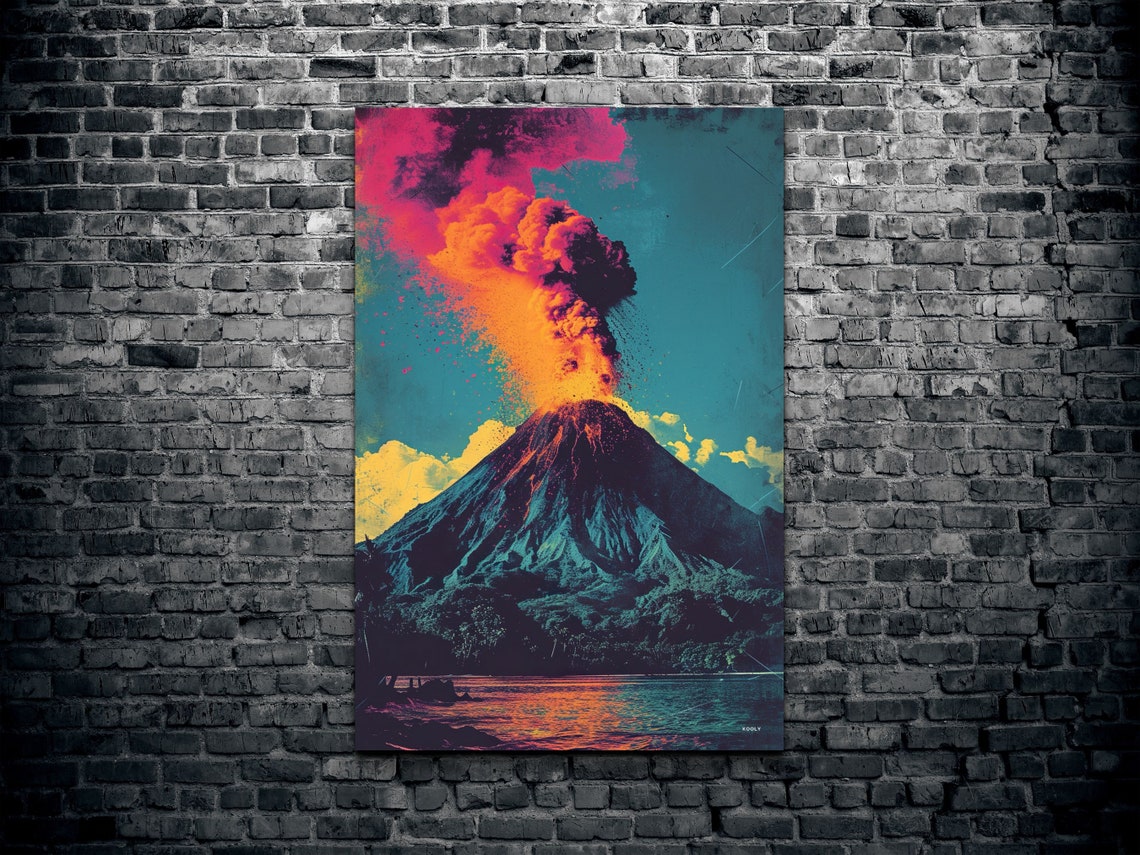 Erupting Volcano in Bold Pop Art Colors Under a Teal Sky Poster - Image 2