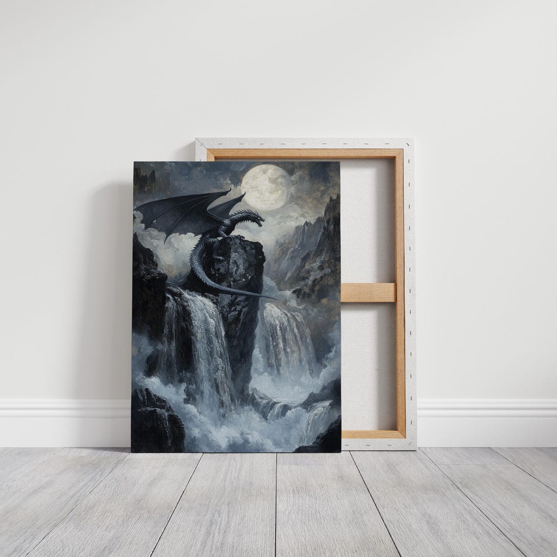 Majestic Dragon Over Waterfalls Moonlit Fantasy Mountain Poster - Image 3