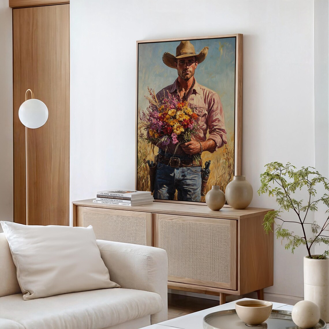 Rugged Cowboy Holding A Bouquet Of Wildflowers Oil Painting Poster - Image 4