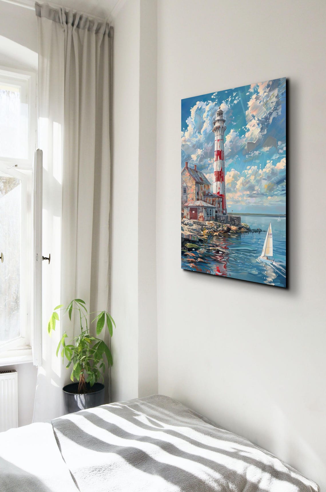 Red and White Lighthouse With Sailboat Coastal Seascape Poster - Image 7