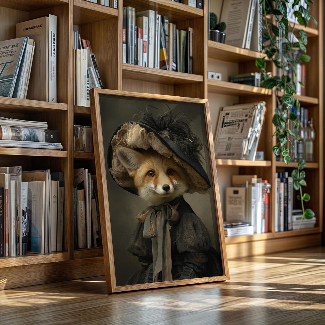 Victorian Fox Portrait in Lace Bonnet with Ribbon Animal Wall Art