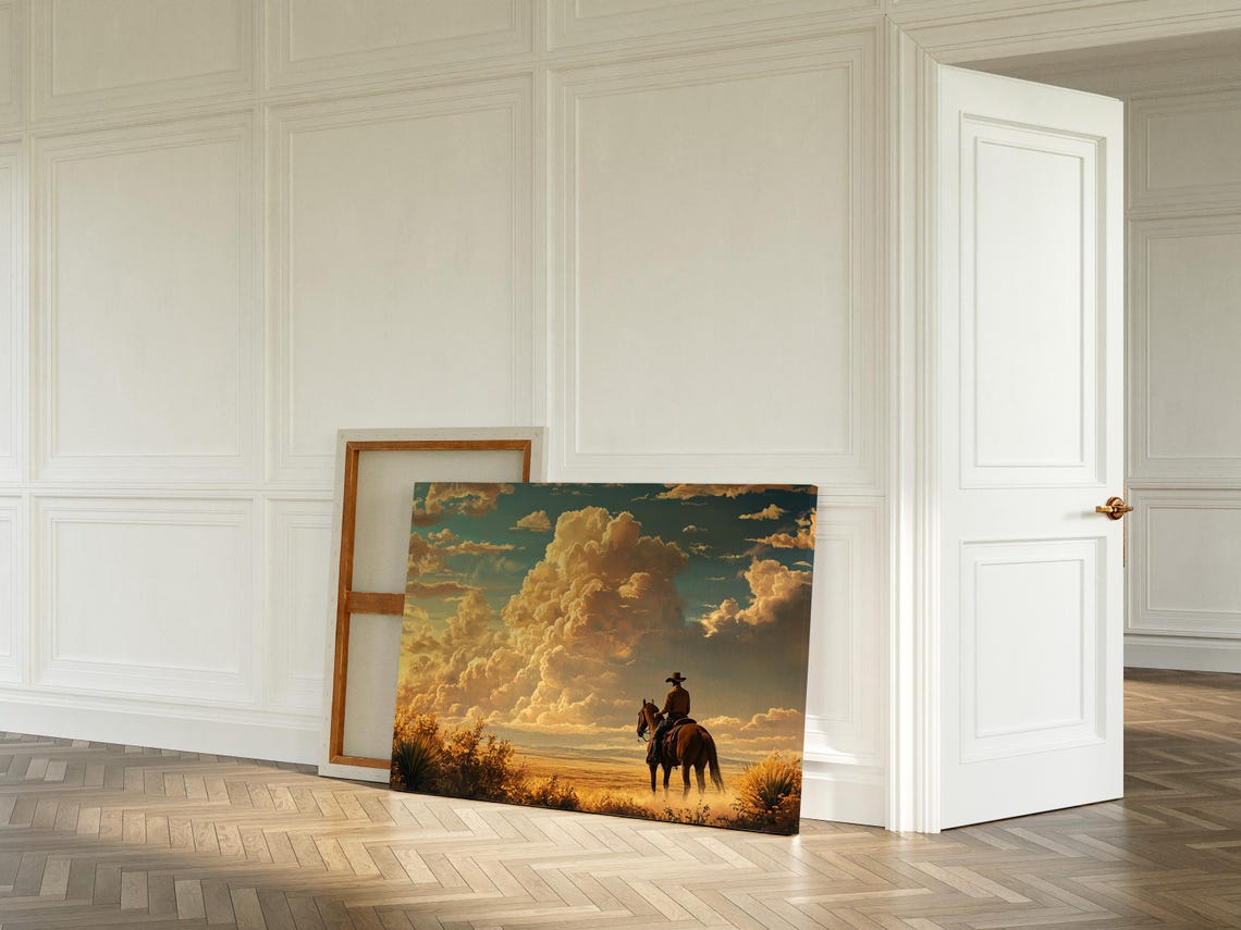 Lone Cowboy Under Golden Clouds Desert Dusk Western Wall Poster - Image 3