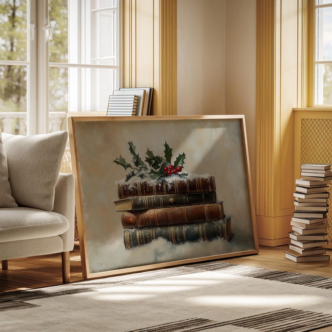 Stacked Antique Books Snow Holly Christmas Vintage Winter Art Poster - Image 6