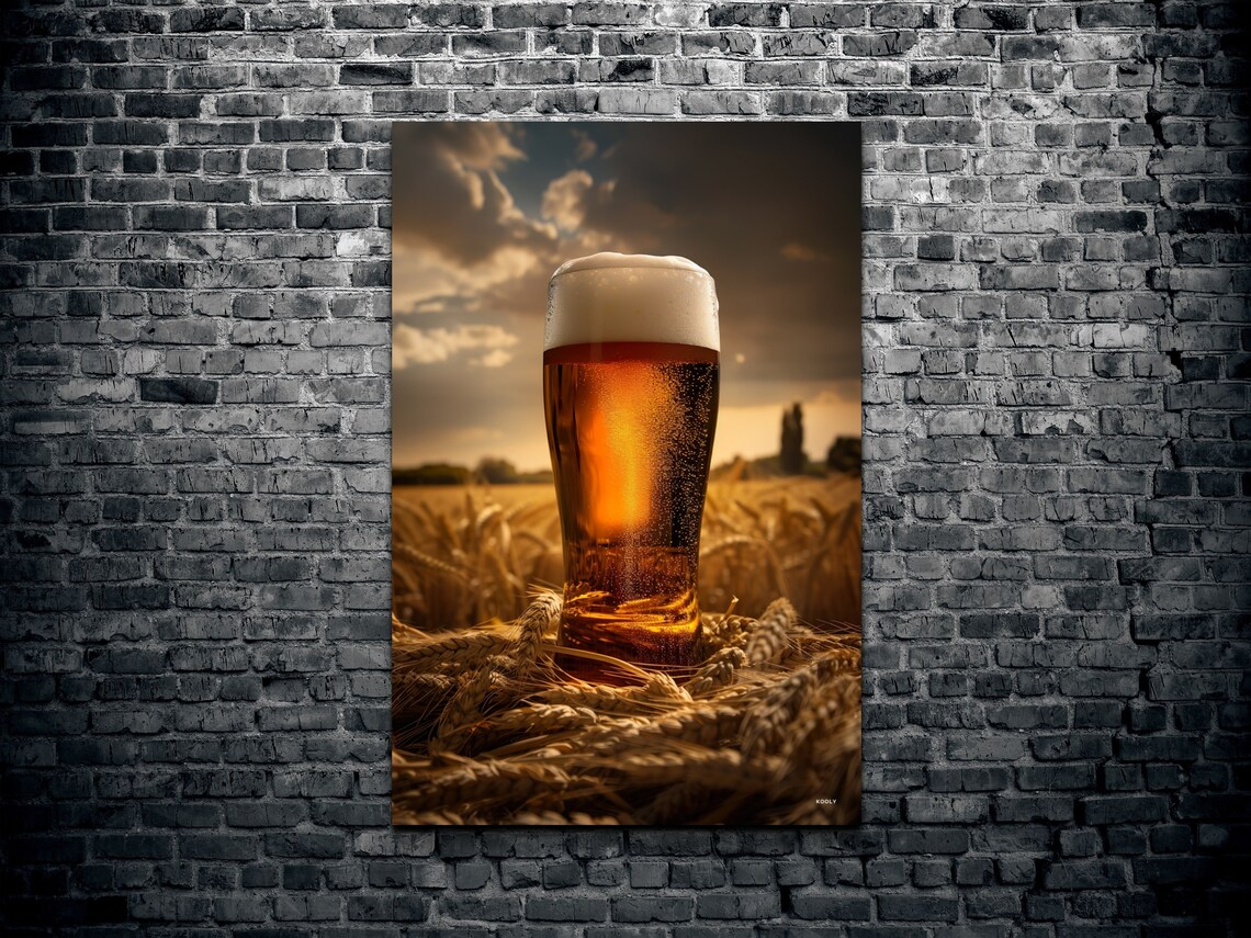 Tall Frosty Beer Glass Standing in a Golden Wheat Field Wall Art - Image 2