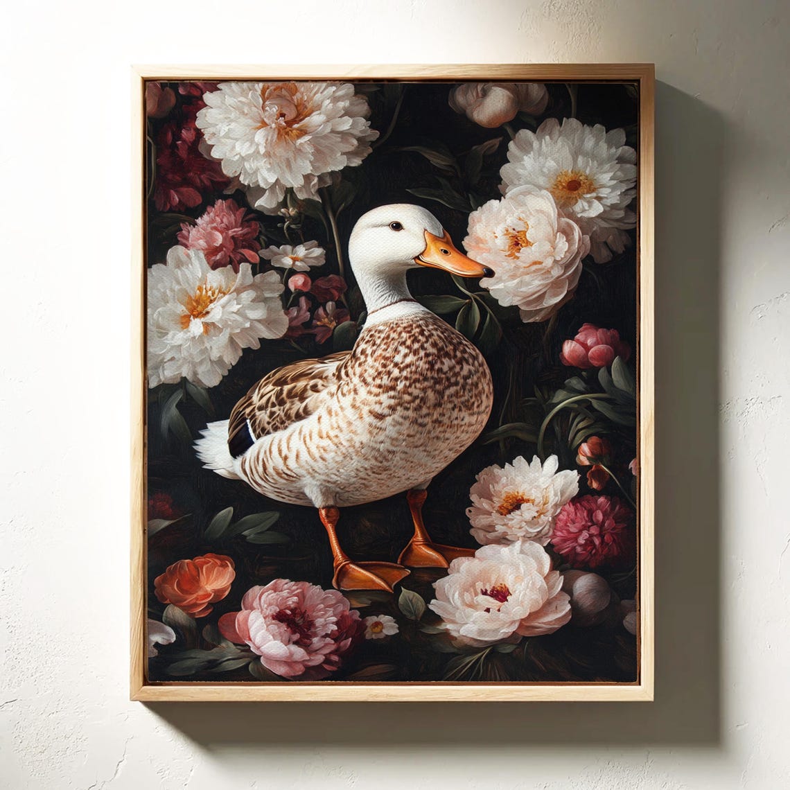 Duck Standing Among White and Pink Peonies Dark Floral Poster - Image 3