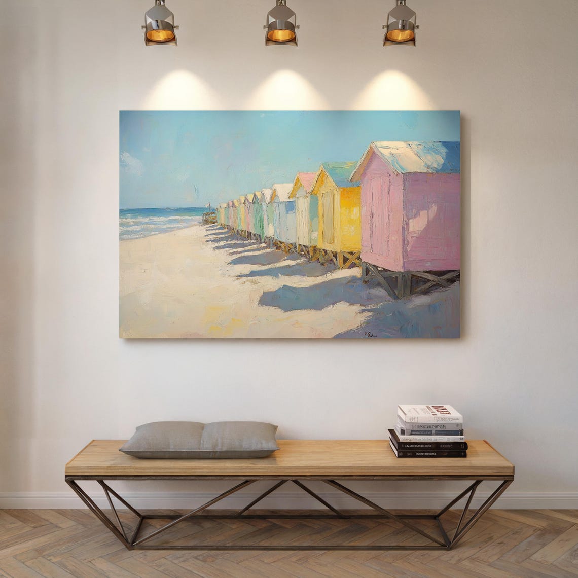 Pastel Beach Huts Shoreline Colorful Coastal Oil Painting Poster - Image 6