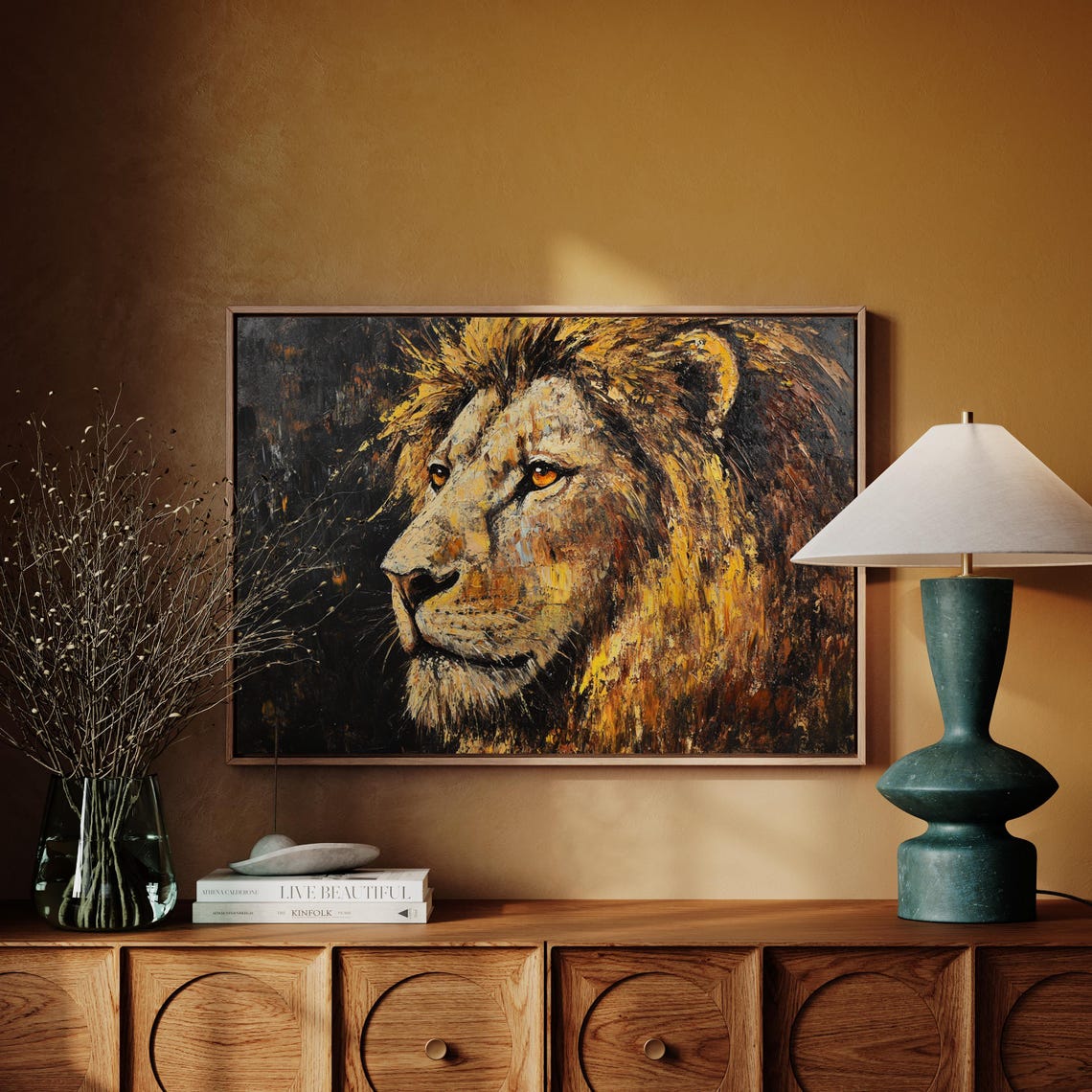 Majestic Lion Profile Golden Brown Textured Oil Wildlife Poster - Image 4