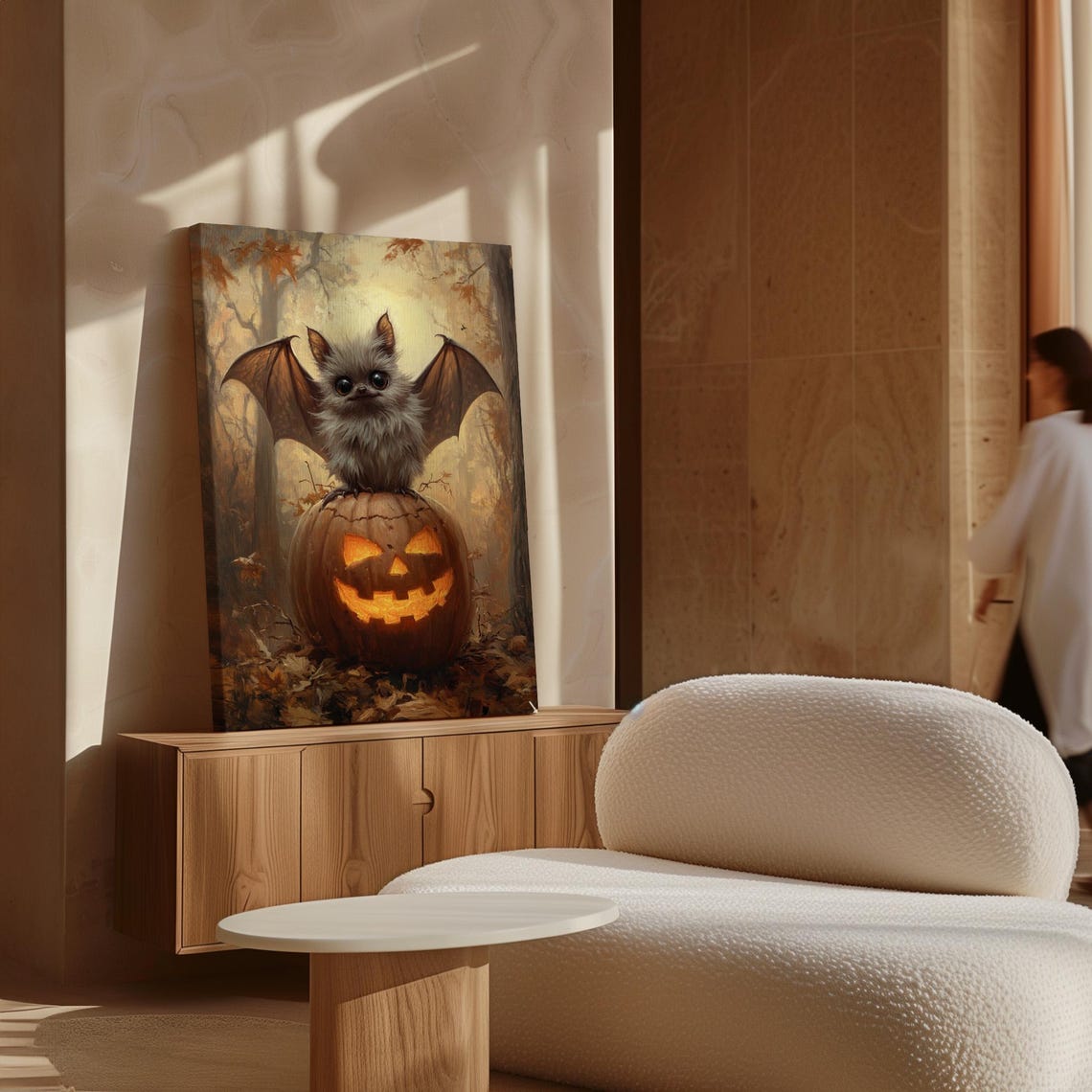 Cute Fluffy Bat On Glowing Jack O Lantern Autumn Forest Wall Art - Image 4