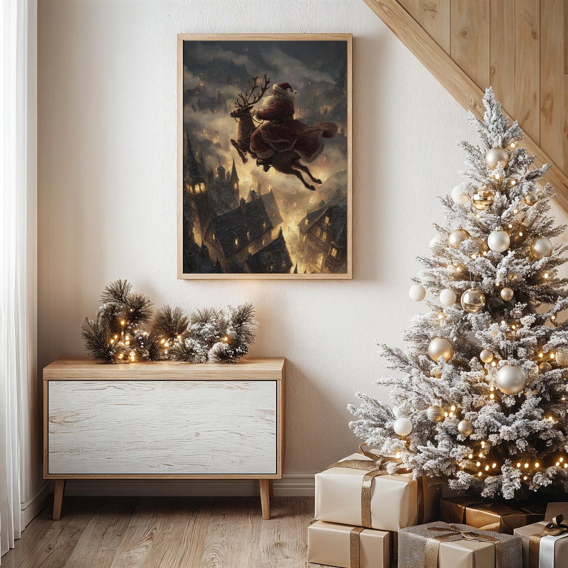 Santa Flying Over Village Rooftops, Christmas Eve Poster