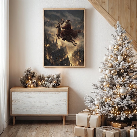 Santa Flying Over Village Rooftops, Christmas Eve Poster