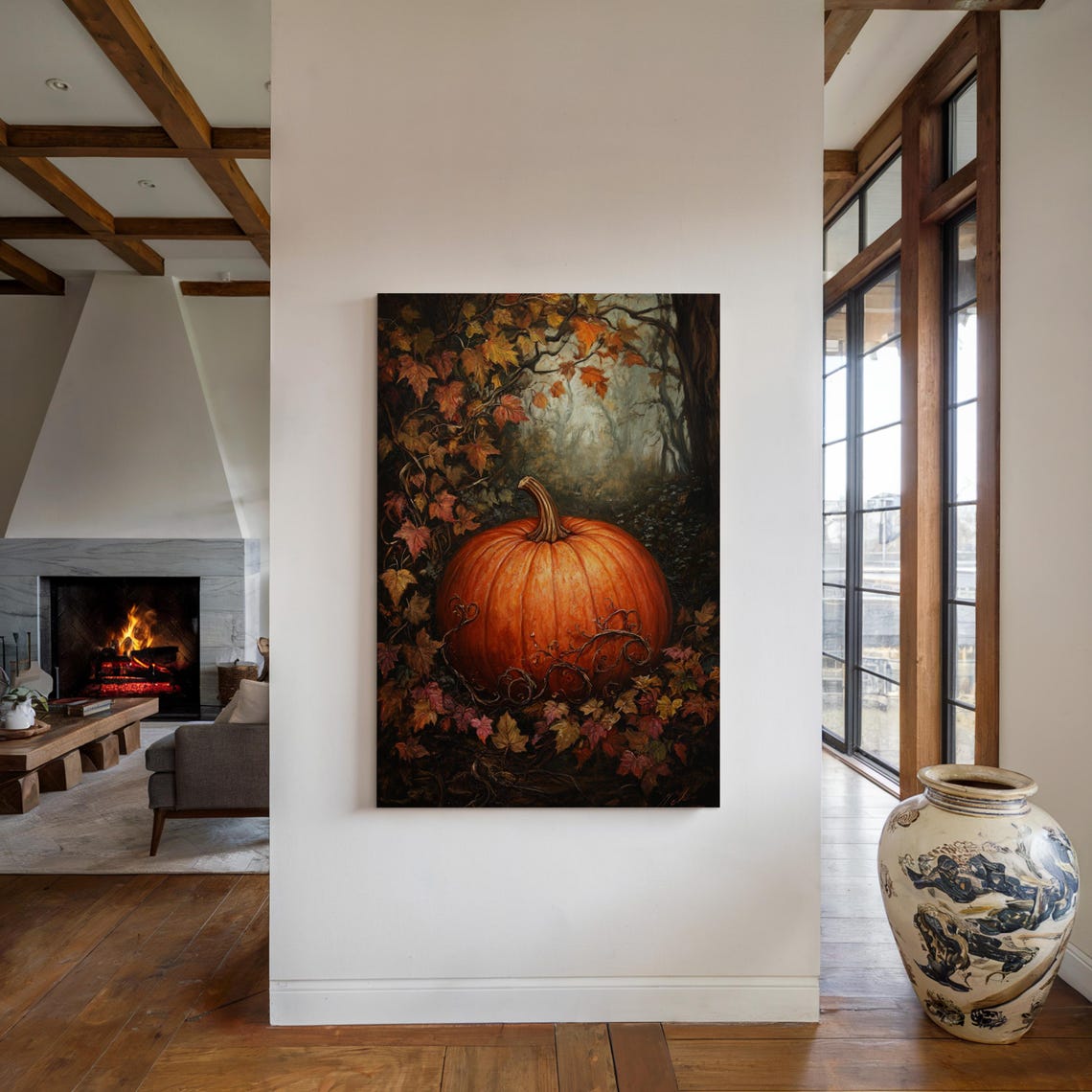 Orange Pumpkin In Dark Autumn Forest Fall Foliage Rustic Wall Art - Image 2