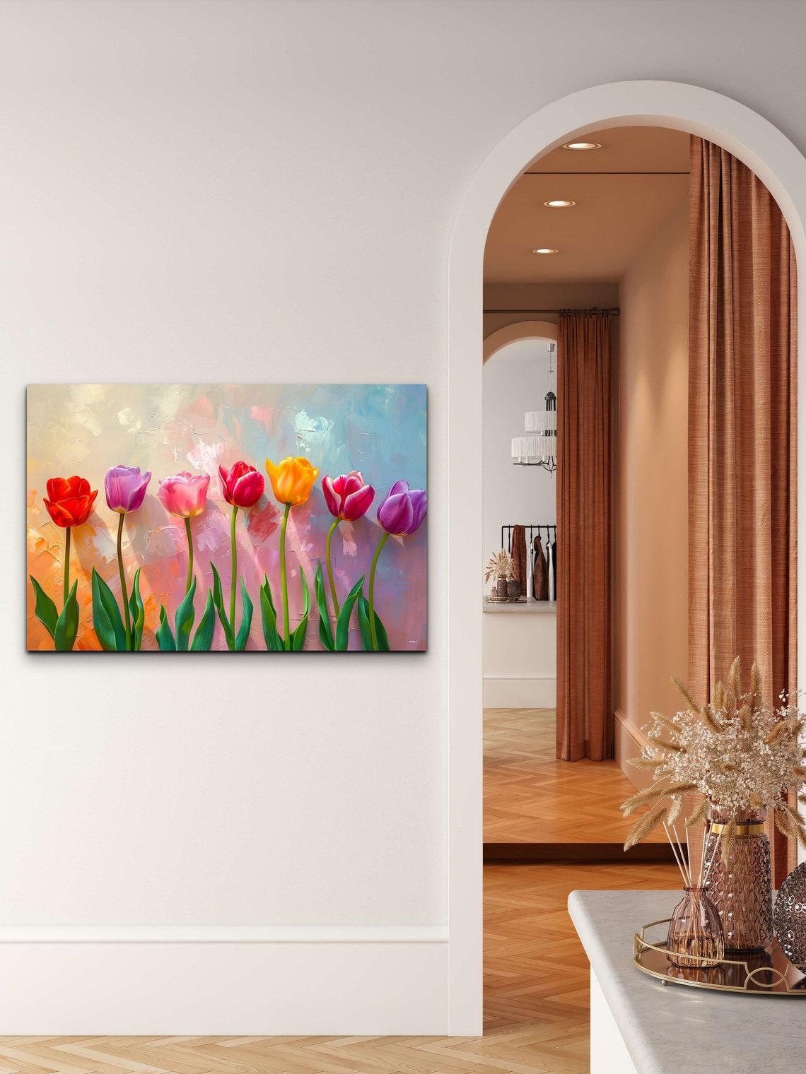 Seven Rainbow Tulips Row Pastel Background Floral Art Poster - Image 5
