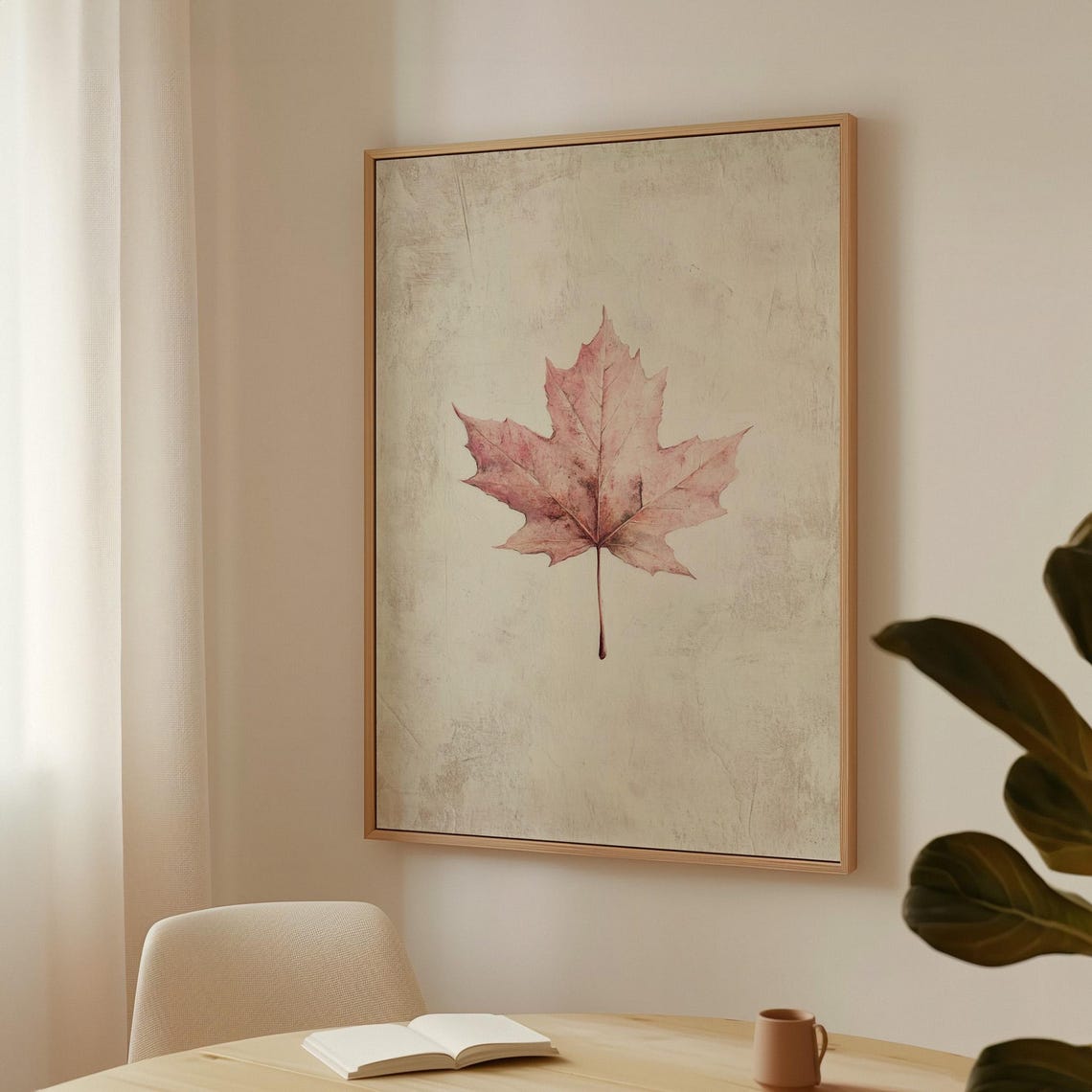 Single Blush Pink Maple Leaf On Textured Beige Autumn Wall Art - Image 6