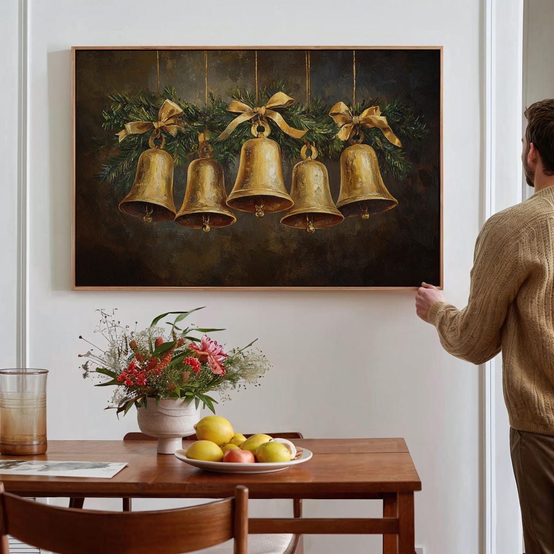 Golden Christmas Bells With Bows And Pine On Dark Vintage Wall Art - Image 7