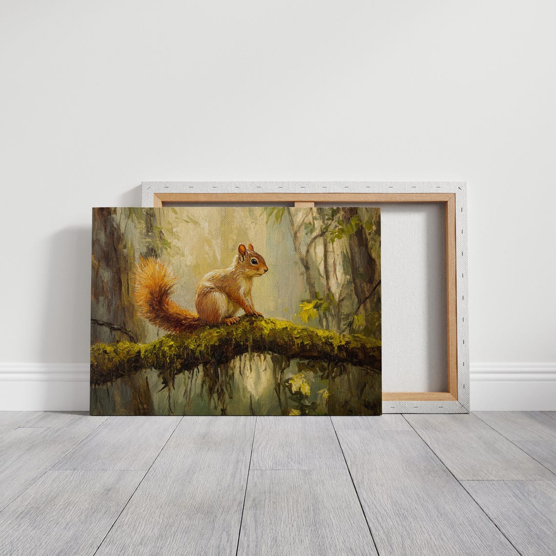 Cute Red Squirrel On Mossy Branch Sunlit Forest Painting Poster - Image 3