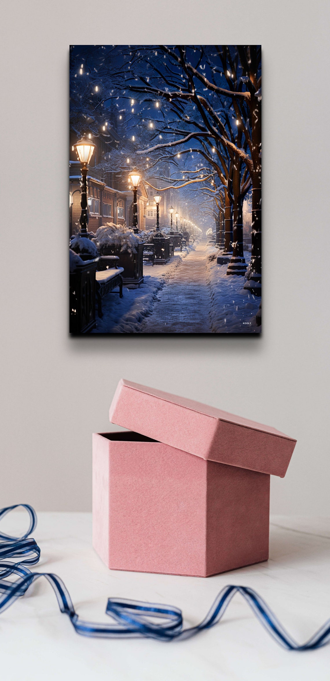 Snowy Winter Street Night Glowing Lamps Falling Snow Art Poster - Image 6