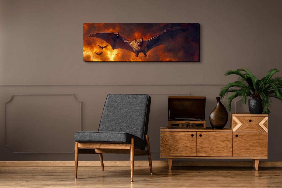 Giant Vampire Bat Fiery Sunset Sky Panoramic Halloween Art Poster - Image 6