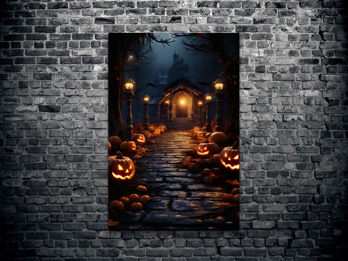 Haunted Halloween Mansion Gate Jack-O-Lantern Path Night Poster - Image 2