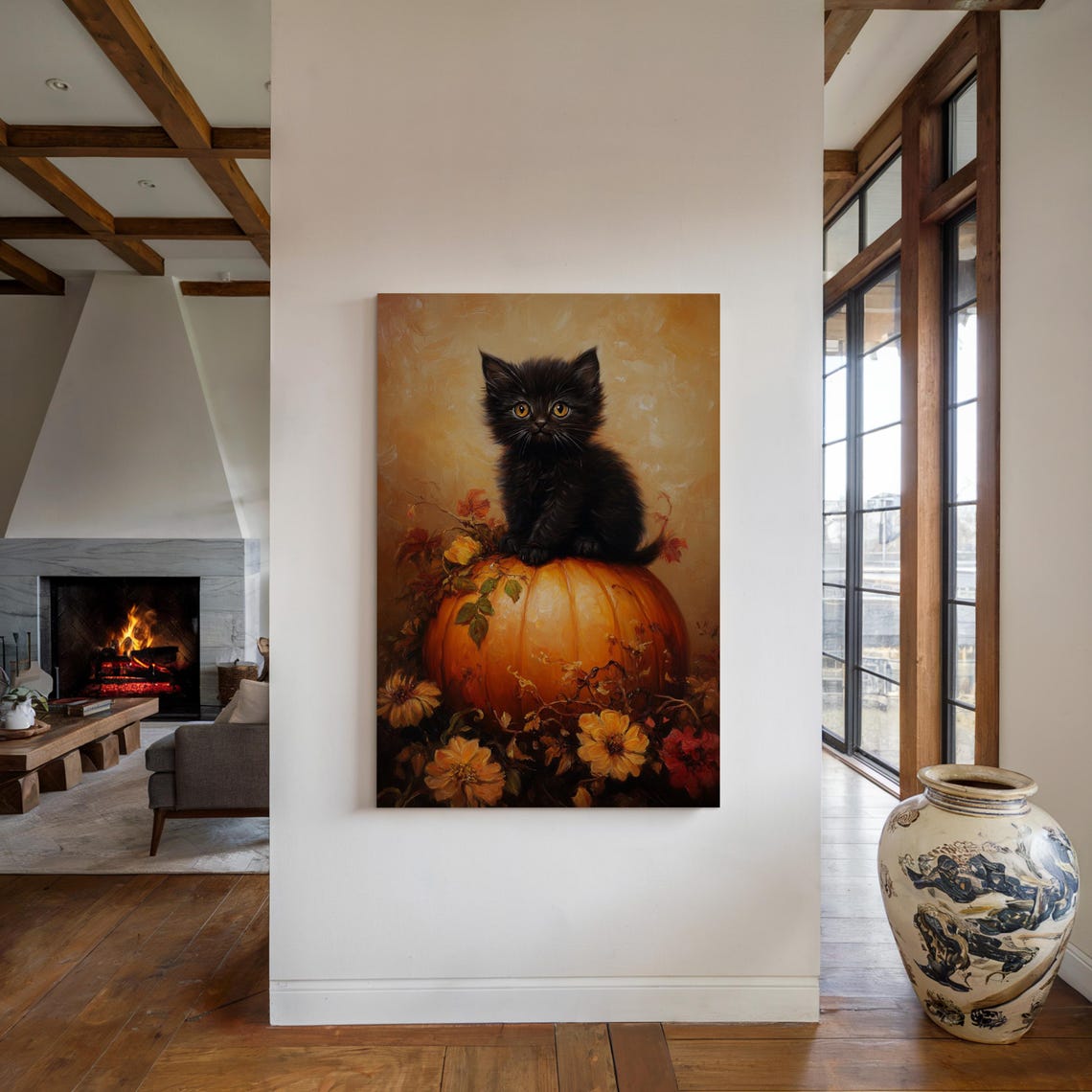Black Kitten On Pumpkin Autumn Flowers Cute Fall Halloween Cat Poster - Image 4