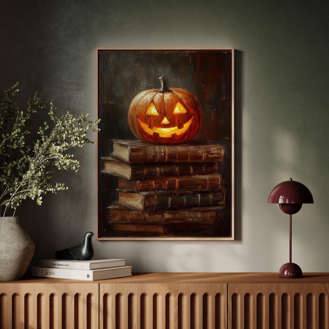 Glowing Jack O Lantern Resting on a Stack of Vintage Books Poster - Image 4