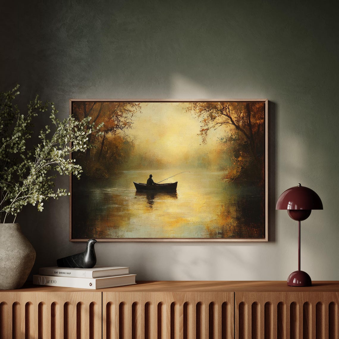 Fisherman in a Boat on an Autumn Lake with Sun Rays Tranquil Poster - Image 5