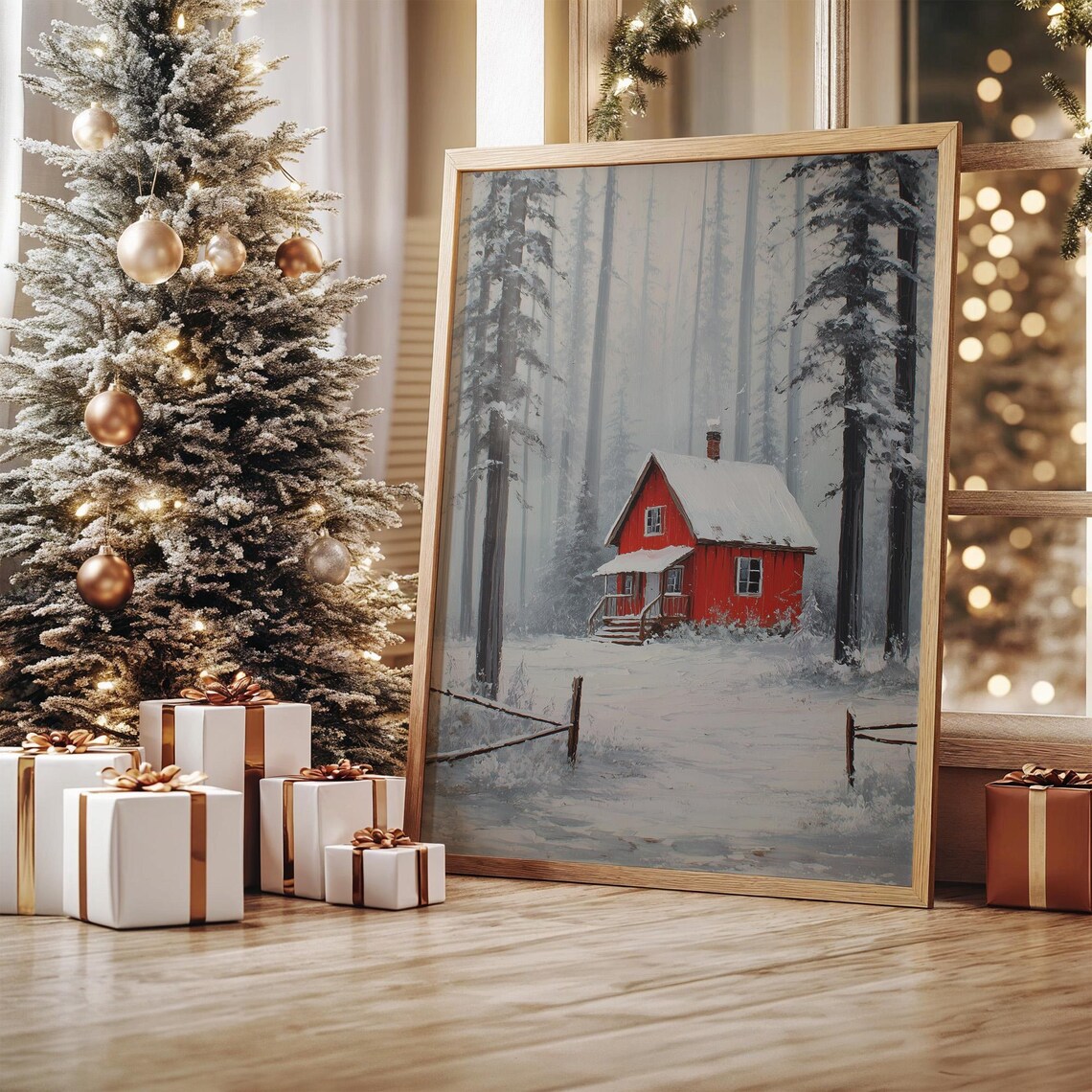 Red Cabin In Snowy Winter Forest Art Print