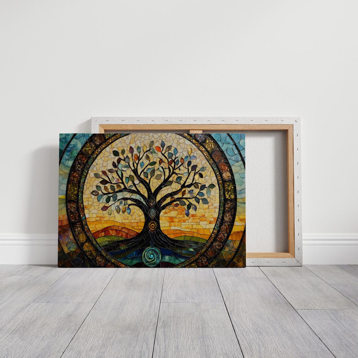 Stained Glass Tree Of Life Mosaic With Teal Border Sunset Poster - Image 5
