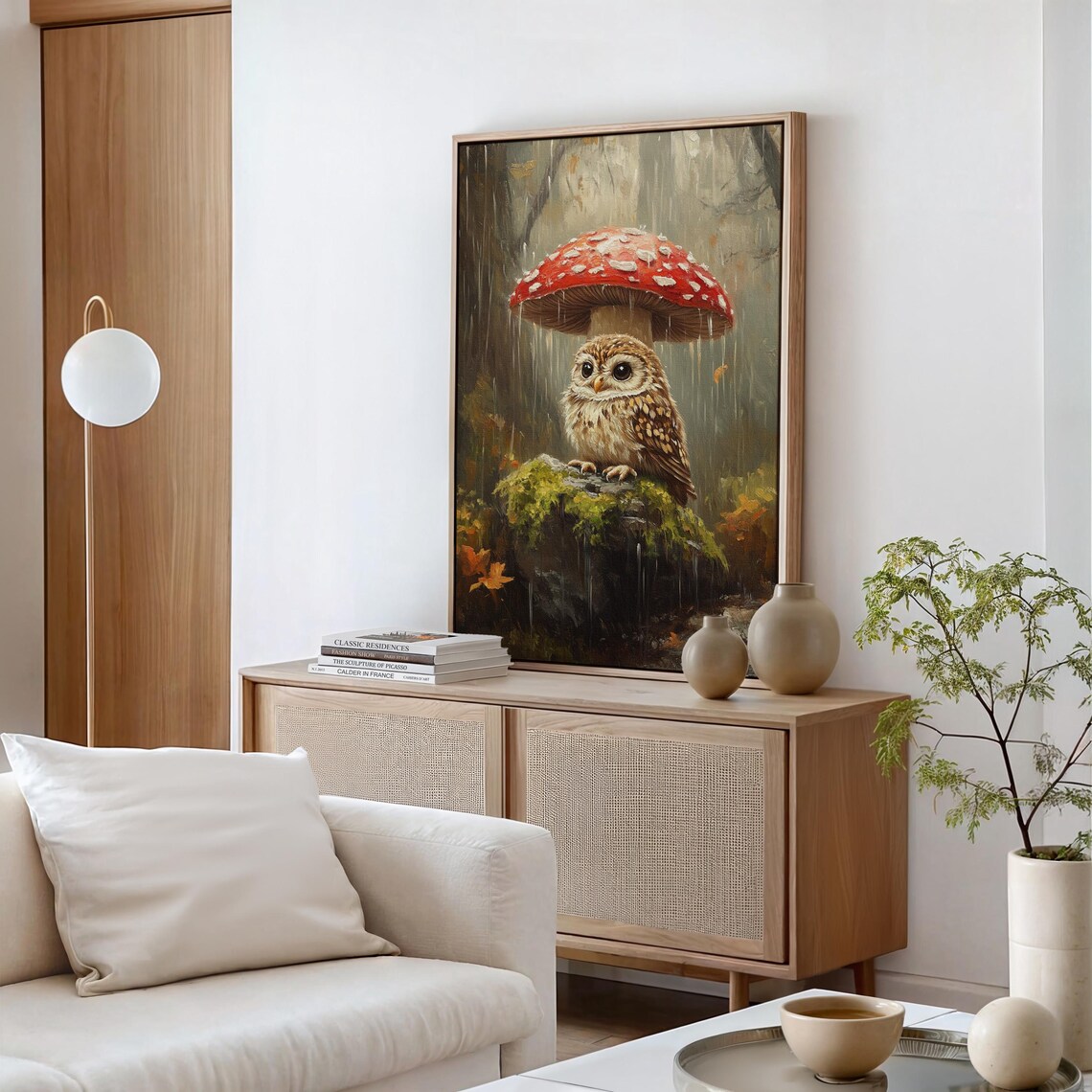 Baby Owl Sheltered By Red Mushroom Woodland Rain Painting Poster - Image 5