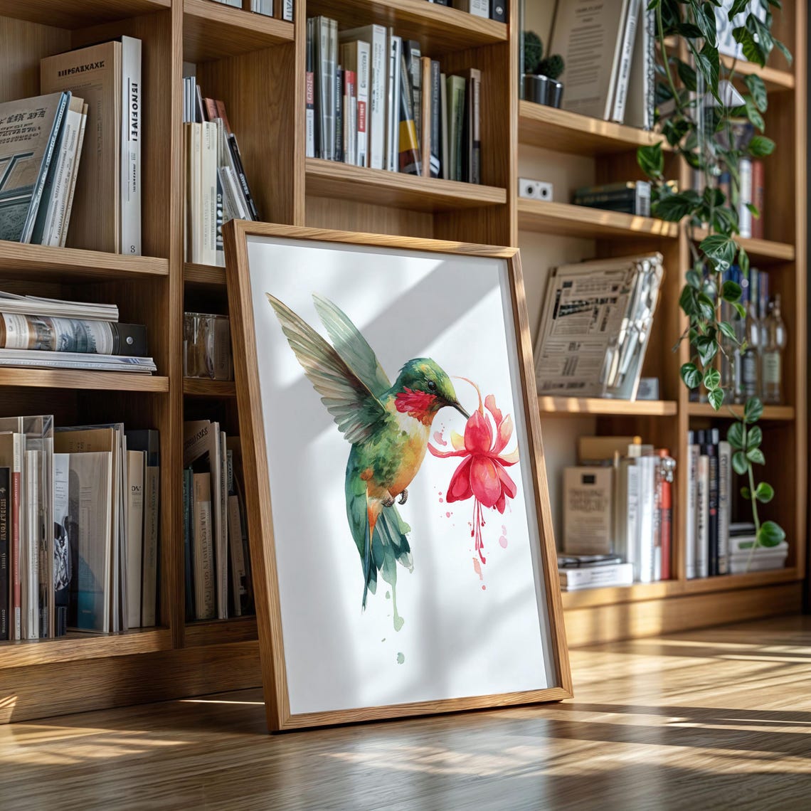Vibrant Hummingbird Red Flower Watercolor Bird Painting Poster