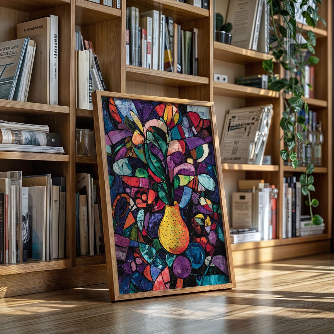 Colorful Abstract Floral Vase Modern Cubist Style Wall Art