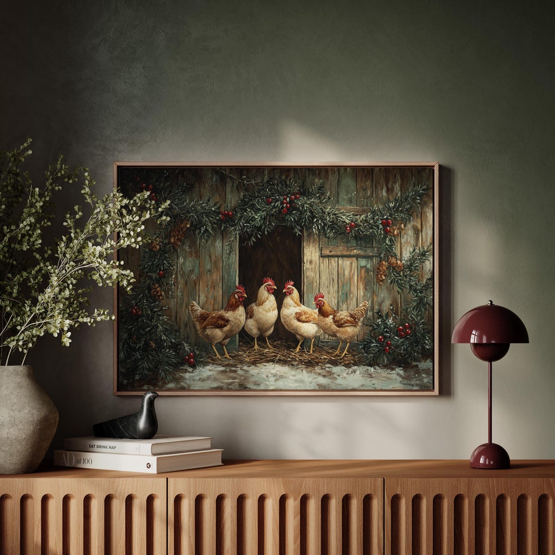 Christmas Hens at a Rustic Barn Door with Holiday Garland Poster - Image 5