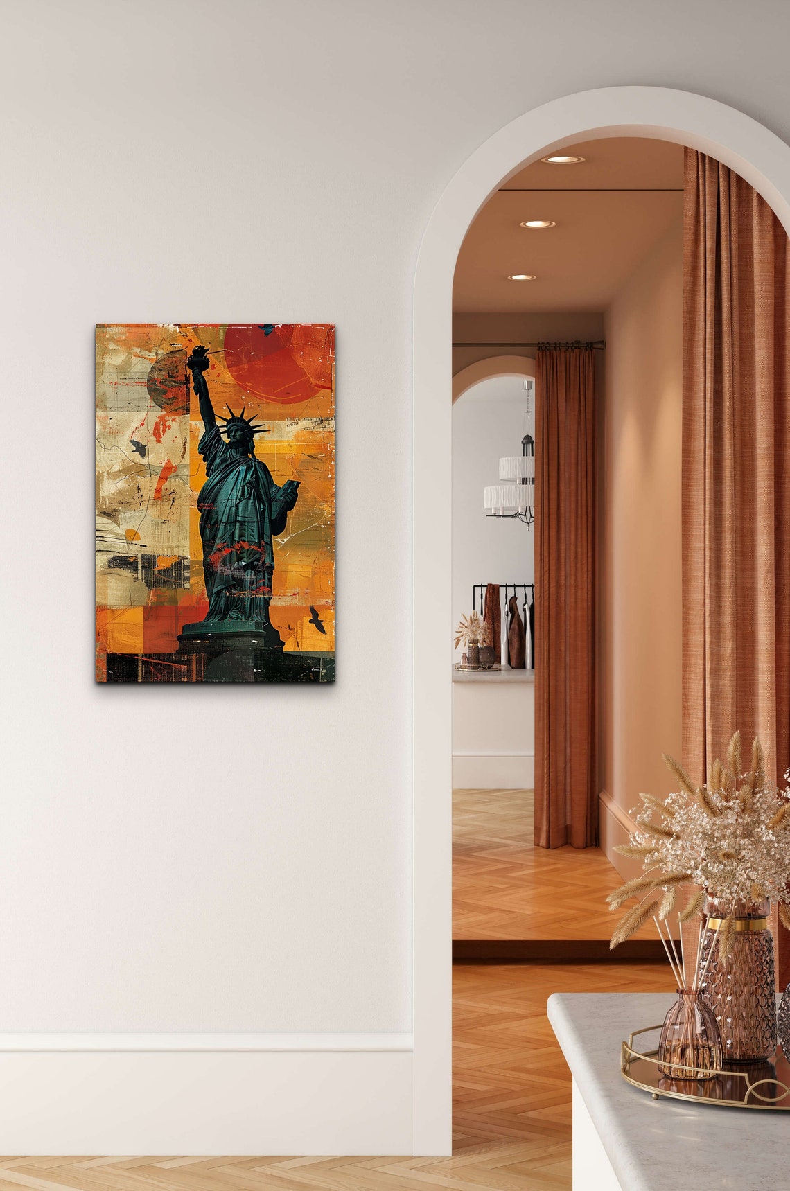 Statue of Liberty Abstract Collage with Giant Red Sun Wall Art - Image 6