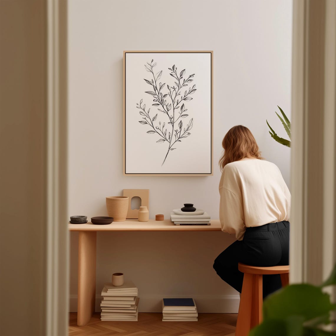 Minimalist Leafy Branch Line Art Black And White Wall Poster - Image 3