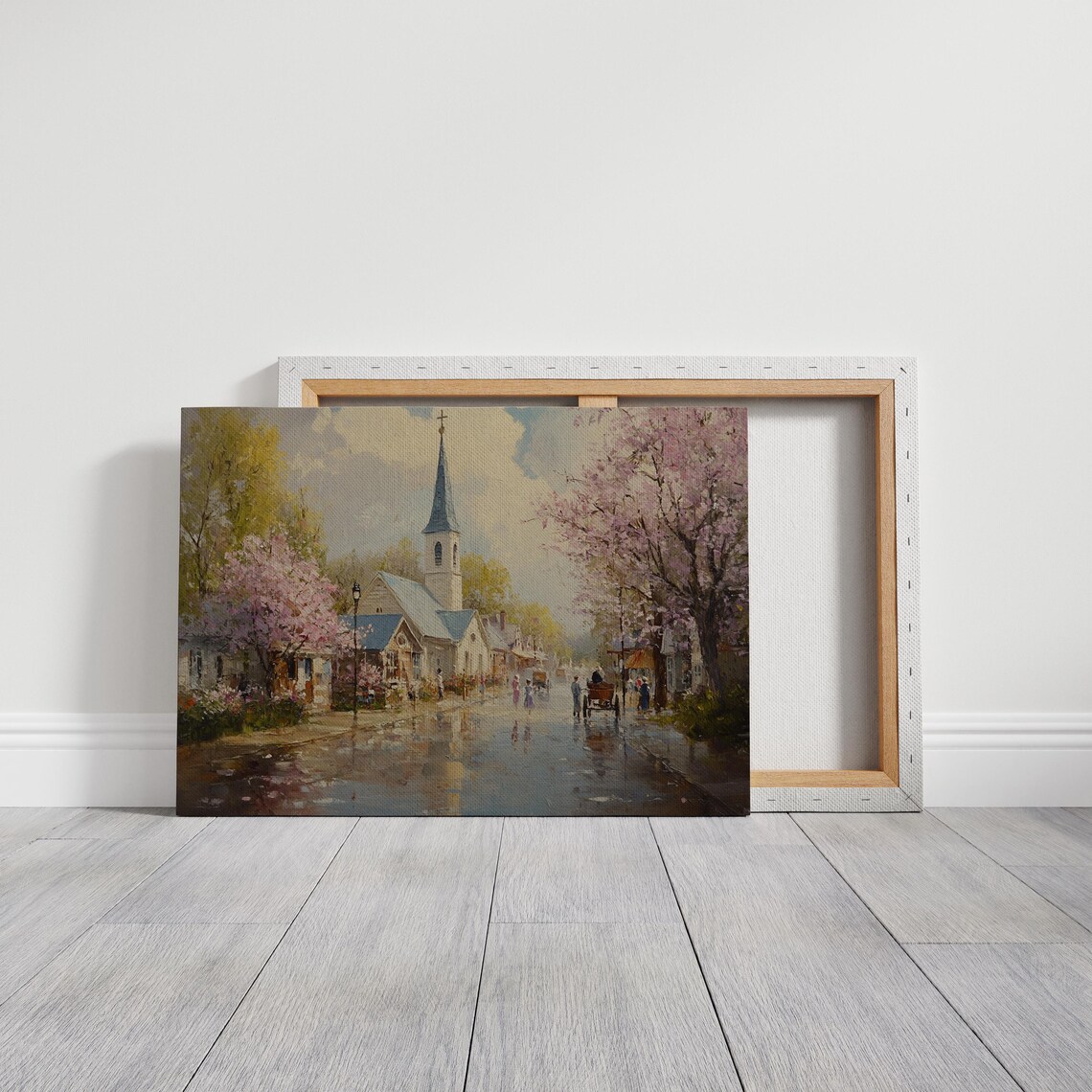 Charming Village Church Horse-Drawn Carriage Springtime Scene - Image 3