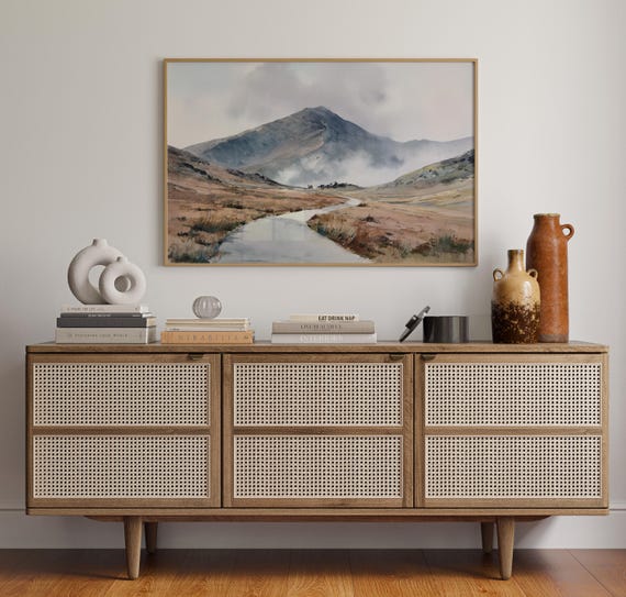 Misty Mountain Path Canvas Wall Art Serene Watercolor Landscape Painting With Fog And River Rustic Nature Home Cabin Decor