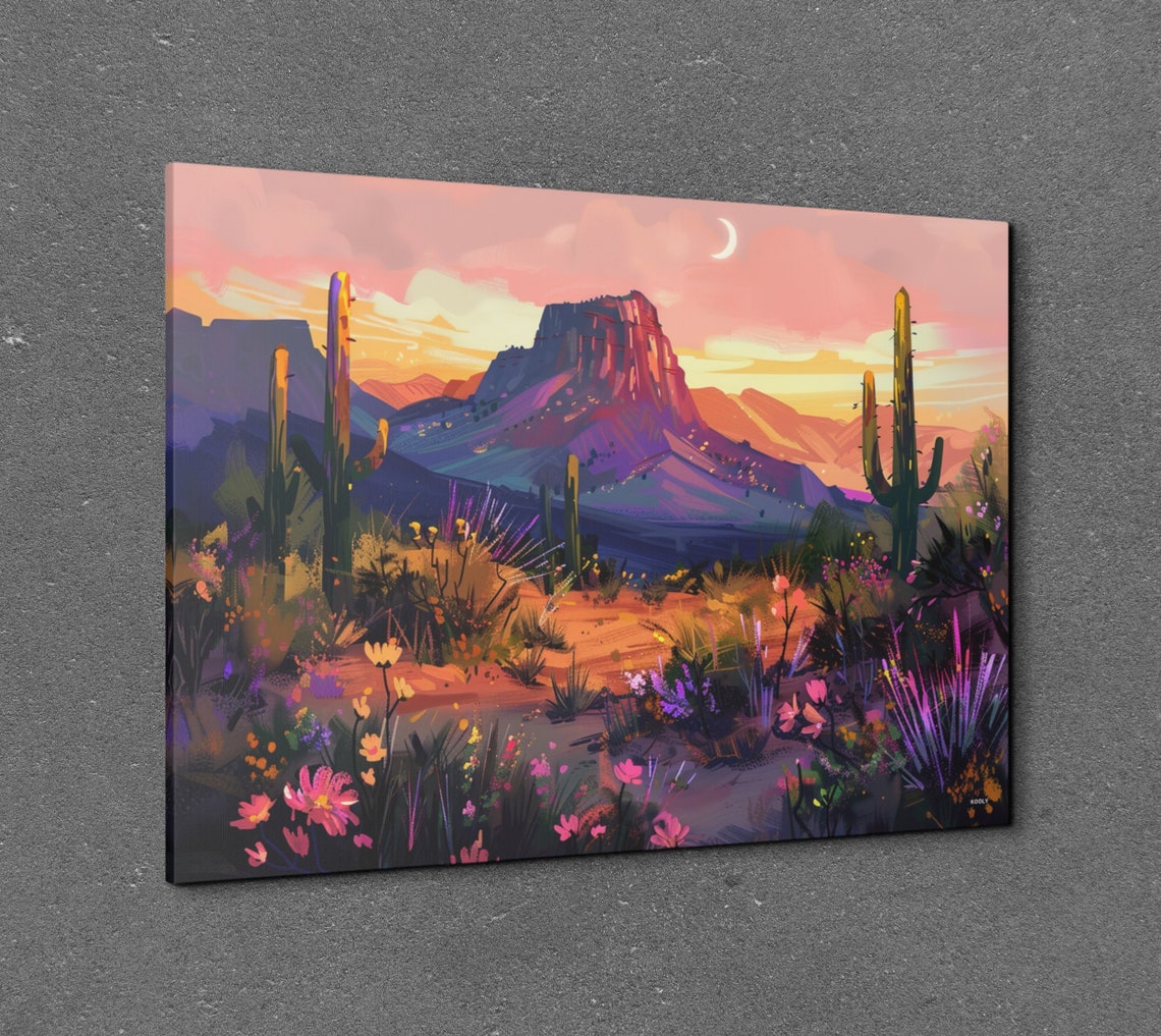 Desert Mesa at Sunset Crescent Moon Wildflower Field Art Poster - Image 3