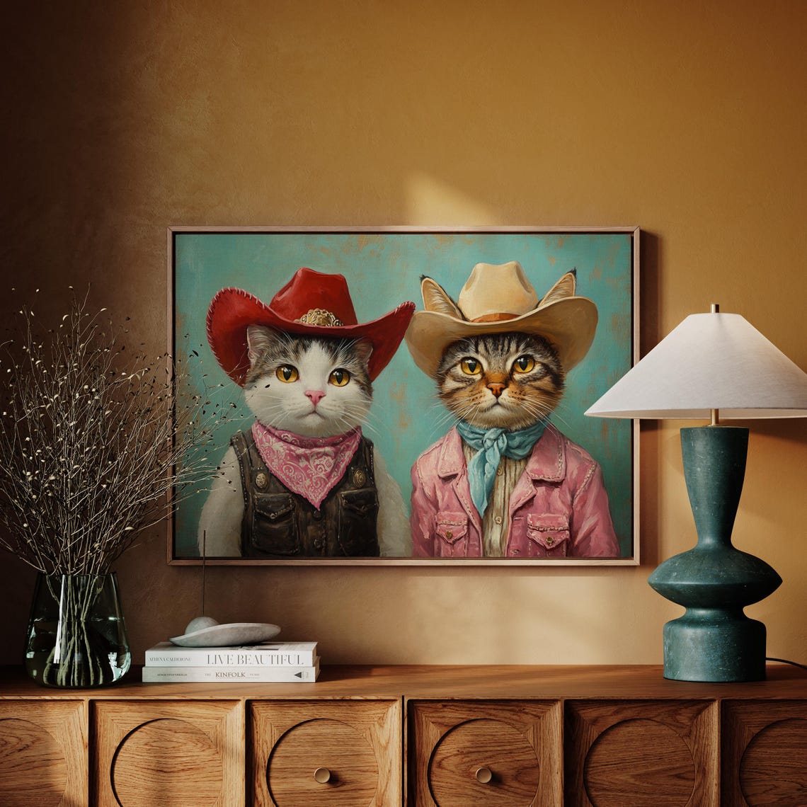 Cowboy Cat Duo In Western Hats Vintage Feline Painting Wall Art - Image 3