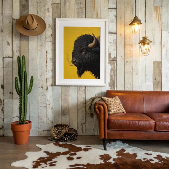 Bold Bison Portrait With Smoky Pop Surreal Edge