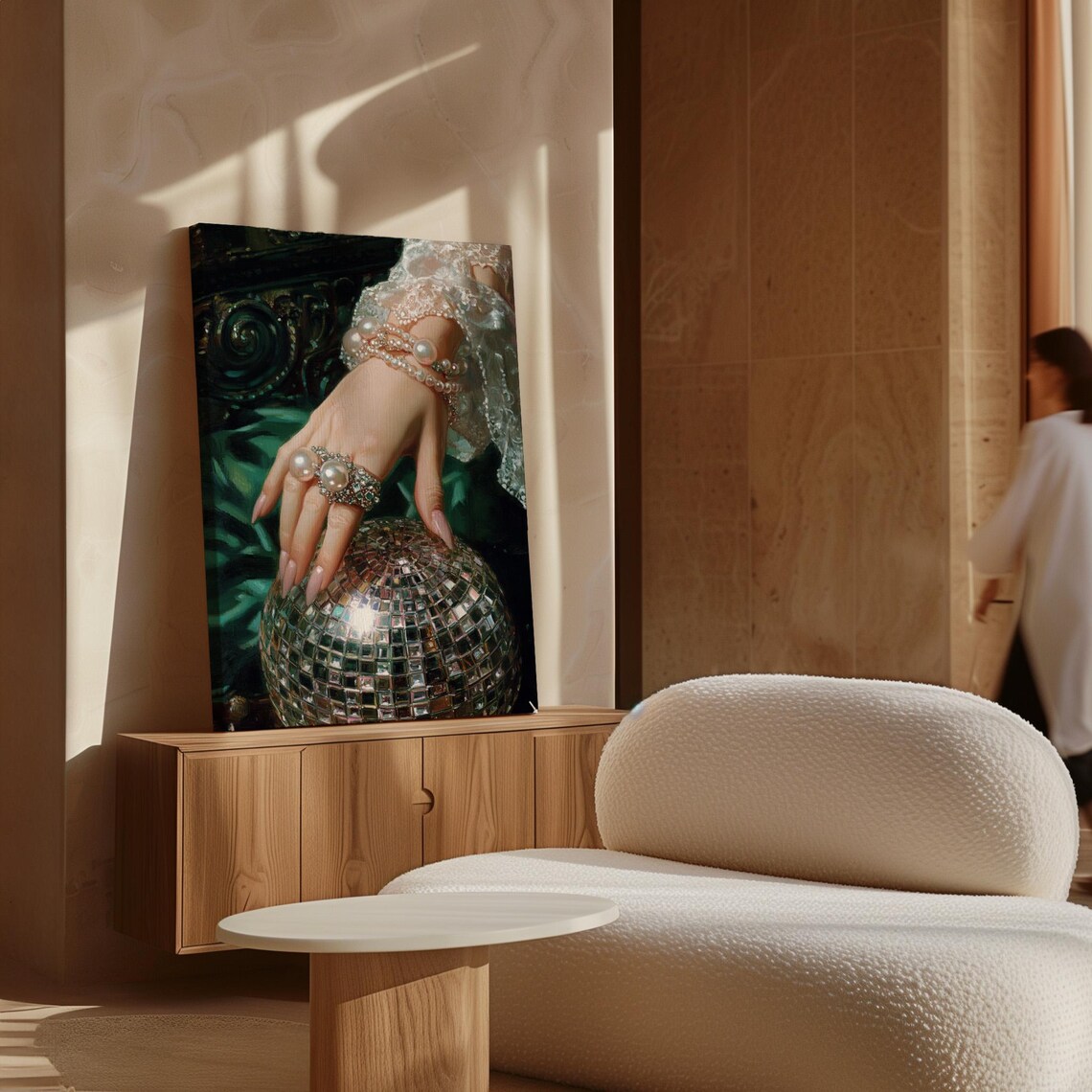 Pearl Jeweled Hand Resting On Glittering Disco Ball Dark Emerald Poster - Image 3